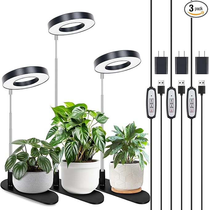 LORDEM Grow Light, 48 LEDs Plant Light for Indoor Plants, Full Spectrum Desk Grow Lamp with Automatic Timer for 4H/8H/12H, 4 Dimmable Levels, Height Adjustable 7.8"-26", Black, 3 Pack