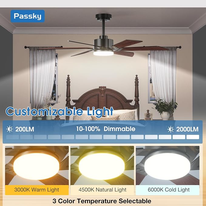 Passky 52 Inch Black Contemporary Ceiling Fans with Lights, Remote Control | 3CCT dimmable light, quiet DC motor, reversible airflow; black contemporary style for bedroom and living room