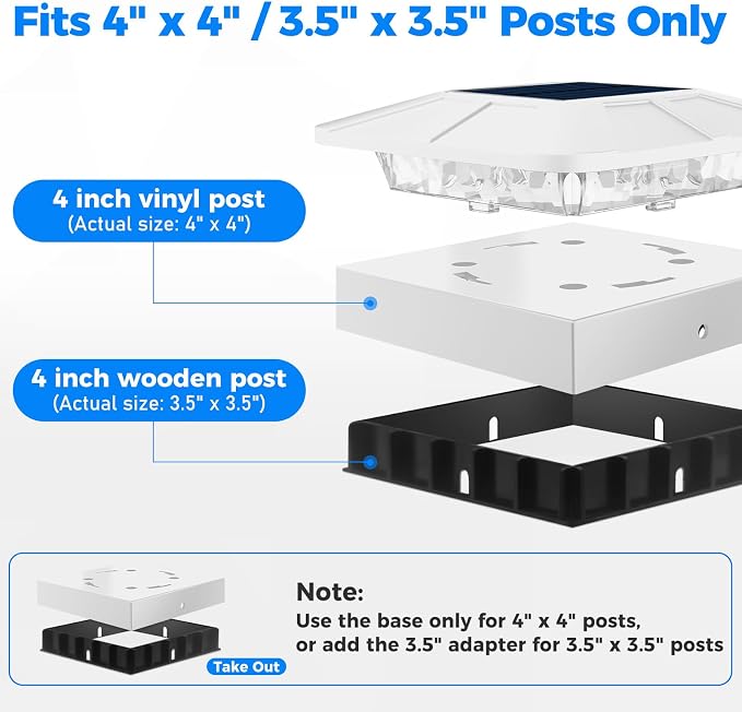 2 Packs 4x4 White Solar Post Cap Lights Outdoor with 3 Modes | Fence Post Light Solar Powered Fit 4×4/3.5×3.5 Wood/Vinyl Posts, Waterproof Post Topper for Deck Yard Garden Porch Outside
