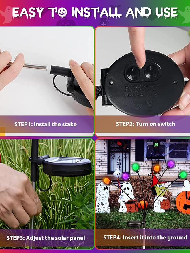 Halloween Decor Outdoor Solar Firefly Lights 6PK 48 LED Orange Purple Green | 2 Lighting Modes, Memory Function and Auto On/Off, Sway with Wind, Waterproof Halloween Decor for Outside Horror Party Garden