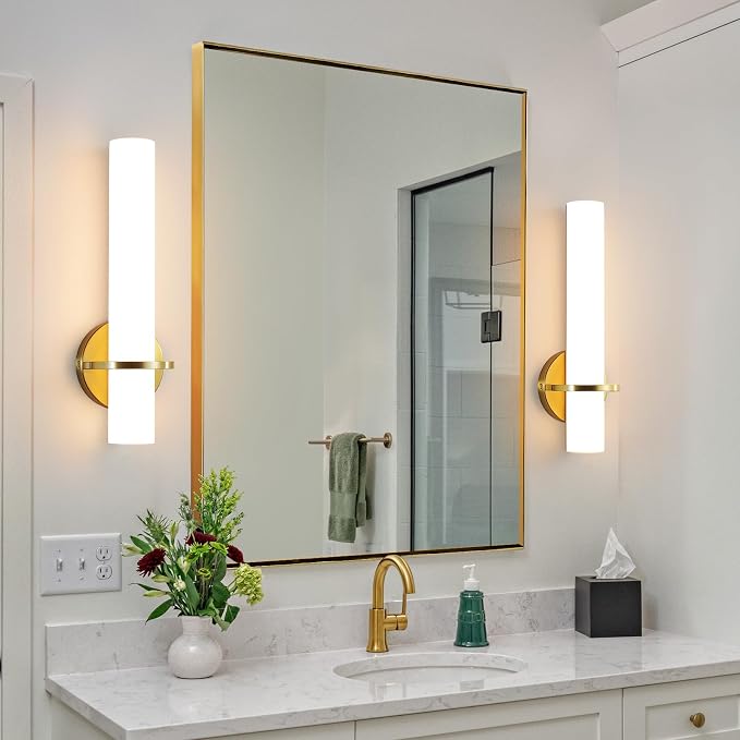 AIJIASI Wall Sconces - 15 inch Gold Wall Sconces Set of Two Modern Bathroom Sconce 15W Dimmable LED Wall Sconce Light with Acrylic Lampshade, Bathroom Vanity Light for Mirror Living Room Hallway 3000K