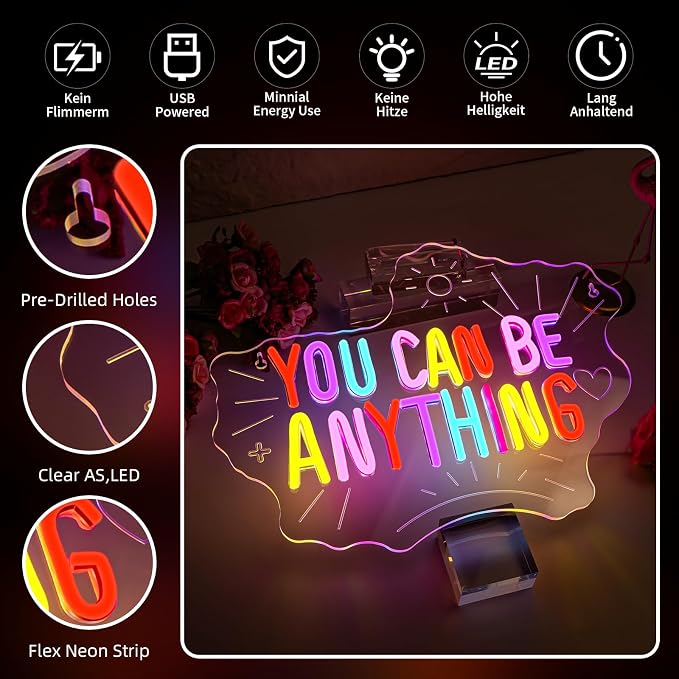 You Can Be Anything Dimmable Neon LED Sign for Wall Decor Kids Wall Art Positive Just Read Book and Chill Classroom Decor USB Neon Light Bedroom Birthday Party Classroom Backdrop Aesthetic Decor