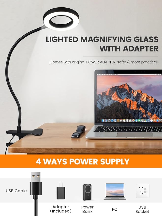10X Magnifying Glass with Light,5 Colors+10 Brightness Magnifier with Light | 750 Lumen Magnifying Lamp, 58 LED Clip on Reading Lights for Books in Bed, Clip on Lamp for Desk/Headboard/Nail/Craft/Puzzle