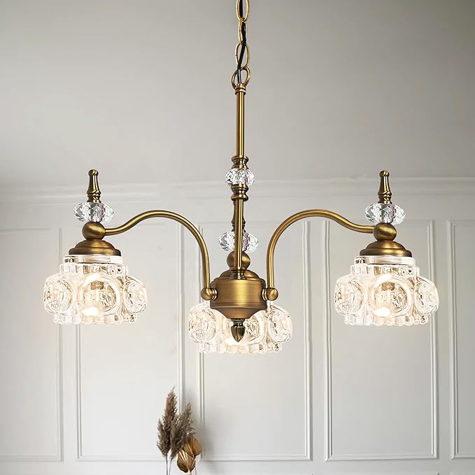 Montex Vintage Brass Pendant Light,Gold Vintage Chandelier Light Fixture 3 Lights,Include 4 Light Bulbs Glass Pendant Light Crystal Hanging Light