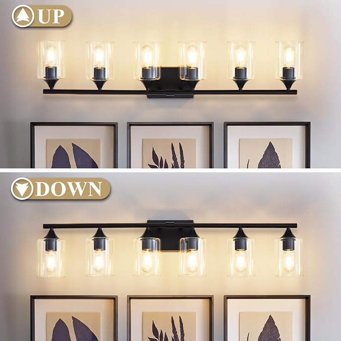 6-Light Matte Black Bathroom Light Fixtures, Over Mirror with Clear Glass Shade, Wall Light Sconce for Vanity Table, Hallway