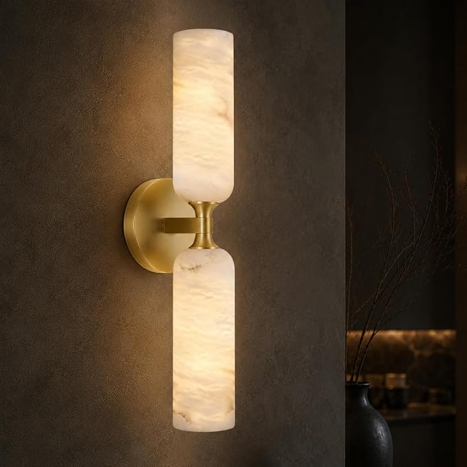 20in Alabaster Wall Sconce Antique Brass Sconces Wall Light, Imported Alabaster Modern Marble Bathroom Vanity Sconces, Gold Sconce Wall Decor, For Bedroom Living Room Staircases Hallway Foyer (1 Pcs)