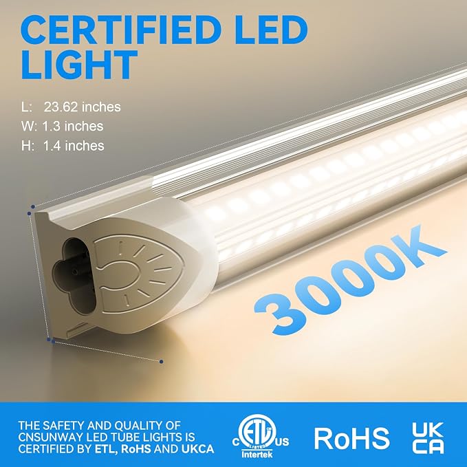 CNSUNWAY LED Shop Light 2FT, 22W 3300LM 3000K, V-Shape T8 LED Tube Light | Utility Linkable Shop Lights, Under Counter Light for Workbench, Kitchen, Basement, Plug and Play, 2 Pack, ETL Listed