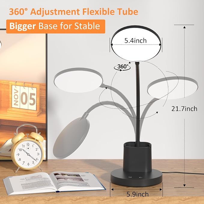 LED Desk Lamp for College Dorm with Pen Phone Holder, Black | 3 Color Modes Dimmable Desk Light, College Dorm Essentials, 360° Adjustable Arm, Eye-caring Bedside Reading Lamp, 800 Lumen
