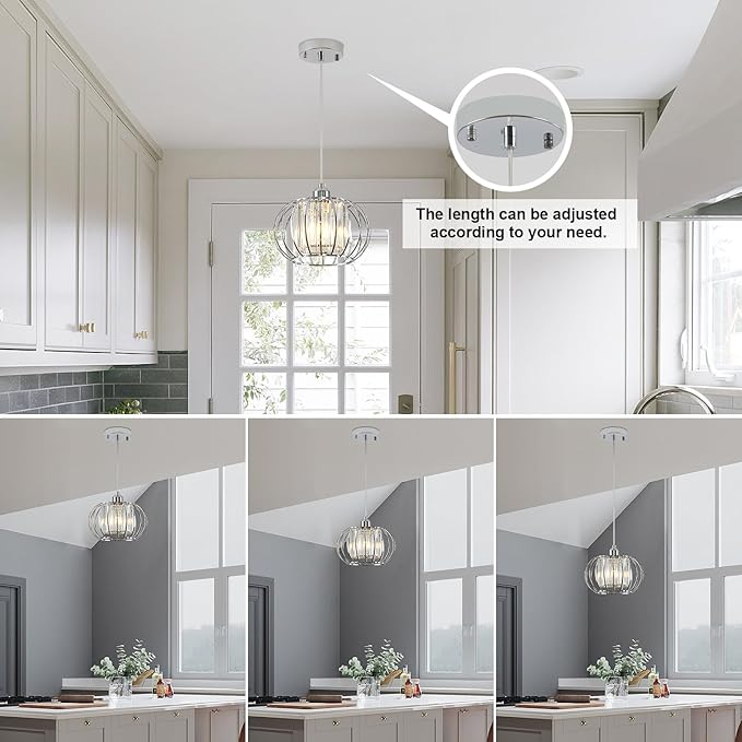 Modern Chrome Pendant Light Fixtures, Mini Crystal Hanging Light Chandelier, Metal Kitchen Island Lighting, Adjustable Pendant Lighting for Kitchen Island, Dining Room, Bedroom, Hallway