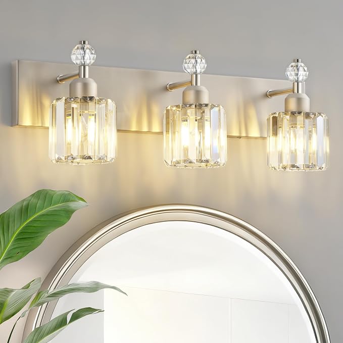 PRESDE 3-Light Crystal Bathroom Vanity Light, Brushed Nickel Bath Lighting Over Mirror, Modern Wall Sconce Fixture
