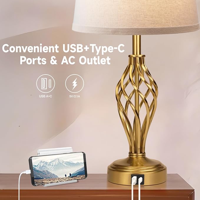 Ruiever Touch Table Lamps Set of 2, nightstand lamp with USB Ports Bedside 3 Way Touch dimmer Desk lamp for Living Room Bedroom,Gold Plated Spiral cage Base Design Warm White dimmer Bulbs Included.