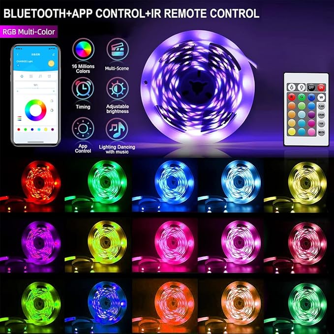 CHARKEE 50ft LED Lights USB-Powered, RGB Strip Lighting for Bedroom/TV Backlight/Gaming Lighting, Color Changing Bluetooth Led Lights with Smart App Control, Music Sync Sound Reaction
