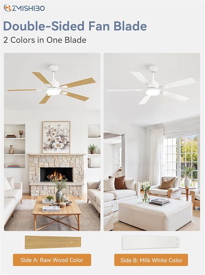 ZMISHIBO 52” Coastal Ceiling Fan with Light, Remote Control, White | High CFM Powerful Airflow, Quiet DC Motor, 3 CCT LED, Indoor/Covered Outdoor, Dual-Finish, Damp Rated