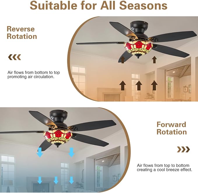 Tiffany Ceiling Fans with Lights-52"Ceiling Fan Chandelier and Glass Shade | 52" Ceiling Fan Chandelier with 5 Dual-Blades and Glass Shade, 6 Speeds and Reversible, Indoor and Outdoor, Retro Style
