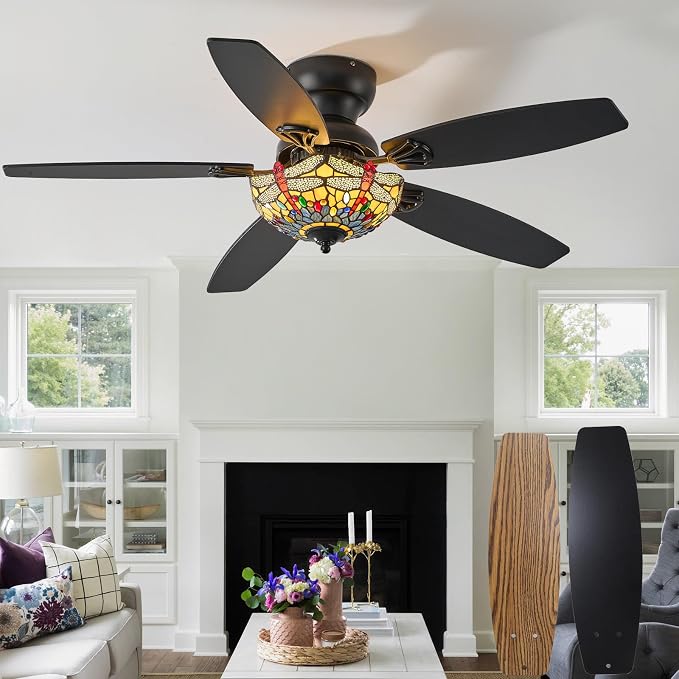 Tiffany Ceiling Fans with Lights-48"Ceiling Fan Chandelier and Glass Shade | 48" Ceiling Fan Chandelier with 5 Dual-Blades and Glass Shade, 6 Speeds and Reversible, Indoor and Outdoor, Retro Style