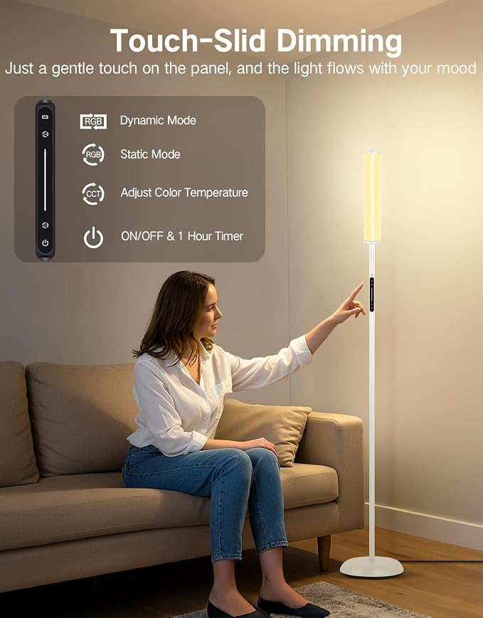 OUTON LED Floor Lamp with Remote & APP Control, 1500LM Ultra Bright Tall Standing Lamp, 16 Million Colors, 32 Scene Modes & Music Sync, Modern Corner Lamps for Living Room, Bedroom, Gaming, White