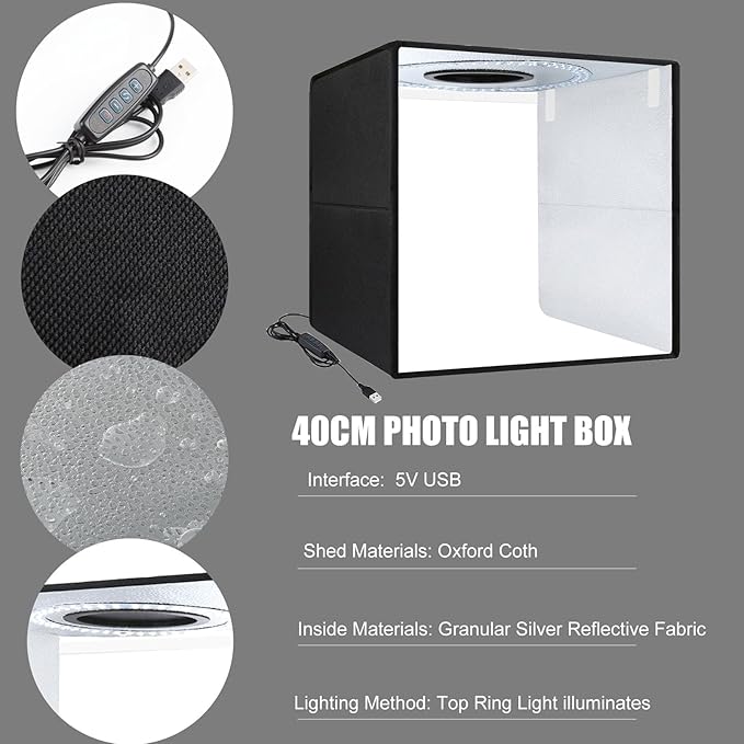 16 Inch Photo Light Box, CRI>90 Photography Shooting Tent with 224 LED Beads Dimmable 3200K-6500K, 6 Color Backdrops Portable Product Photography Studio