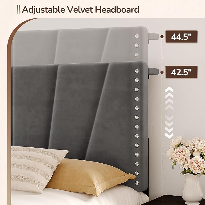 EnHomee Twin Bed Frame with LED Lights & USB, Noise-Free, Grey | Adjustable Velvet Headboard，Under-Bed Storage，Heavy Duty Support with 12 Slats，No Box Spring Needed，Easy Assembly for Bedroom