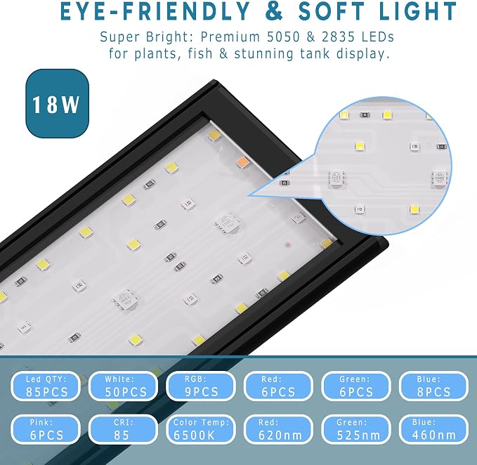 24/7 LED Aquarium Light with Remote for 18-24 Inch Plant & Fish Tank IP68, 12-Color & Gradient & Full Spectrum Light with Timer, Auto On/Off, Brightness, Extendable Brackets for Freshwater