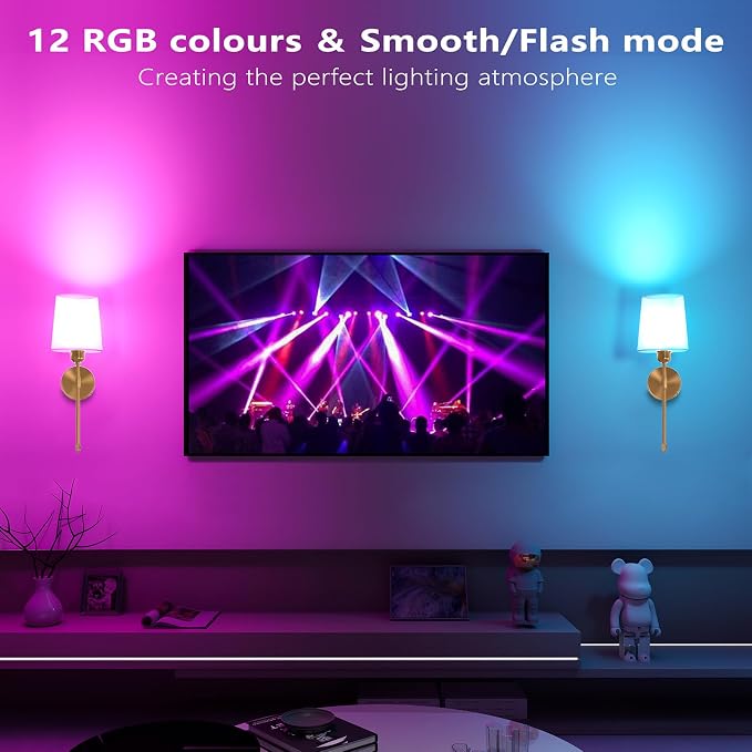 Battery Operated Wall Sconces Set of 2, Wireless Rechargeable Dimmable Wall Light with 5600mAh RGB Bulb and Remote for Bedroom, Living Room, Hallway, Gold, 24in