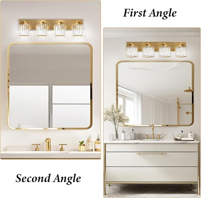 Gold Crystal Bathroom Vanity Light, 4-Light Modern Bathroom Lighting Fixtures Over Mirror,Chrome Wall Sconce Light Fixtures with Square Shade