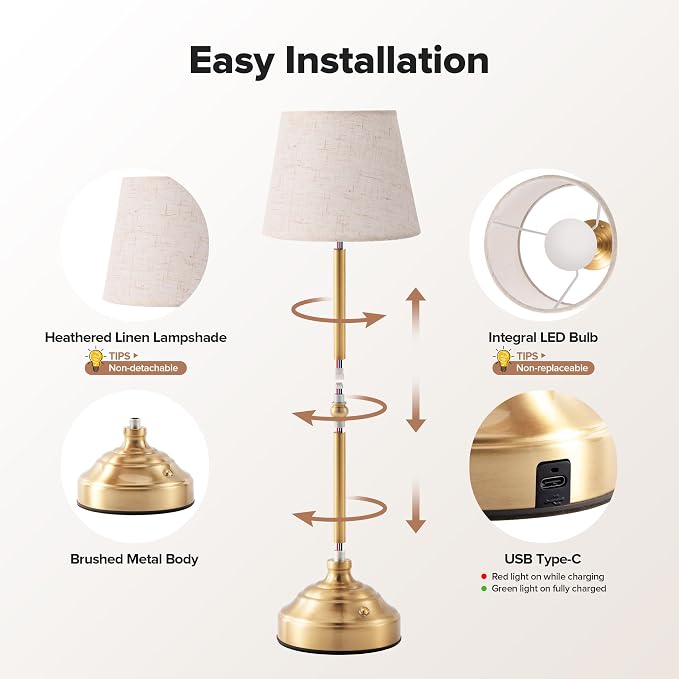 2 Pack Cordless Table Lamp, Rechargeable Desk Lamp with Fabric Shade, Battery Operated 3 Color Stepless Dimming, Small Touch Bedside Lamp Home Decor for Dining, Counter(Brushed Gold)