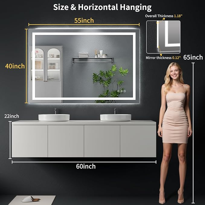 55"x40" LED Bathroom Mirror with Lights, Anti-Fog, Backlit+Frontlit | CRI 95, Stepless Dimmable, 3 Colors Lighting, Shatterproof Tempered Glass, HD Reflection, Memory, (Horizontal/Vertical)
