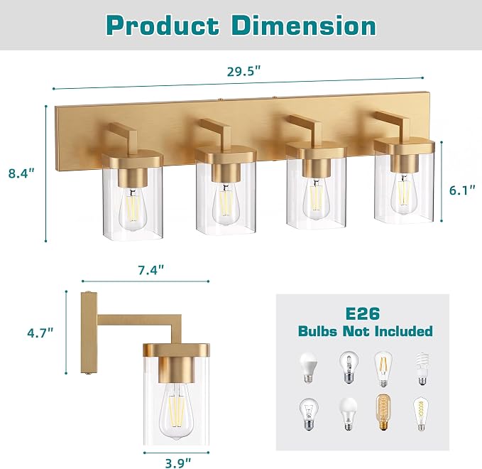 Bathroom Lighting Fixtures Over Mirror, Square Design & Rectangle Large Backplate, 4 Lights Modern Vanity Lighting Fixtures, Bathroom Light Fixtures for Bathroom/Living Room/Bedroom, Gold
