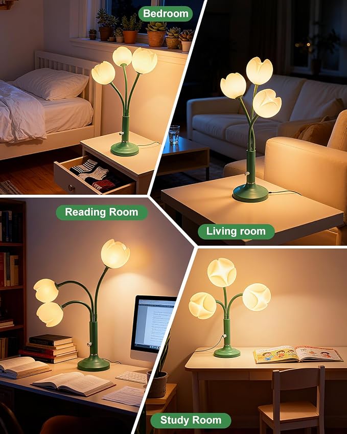 Green Flower Table Lamp Dimmable G9 Bulbs Included Gift for Nursery | Nightstand Cute Desk Lamp with Flexible Gooseneck Arms Warmwhite Ambient Bedside Lamps for Living Room Bedroom Home Decor
