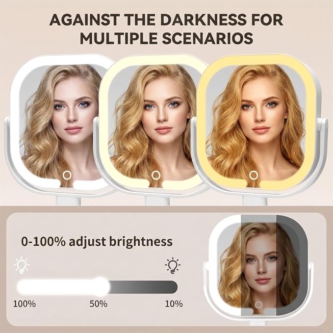 Makeup Mirror with Lights, 1X/10X Magnifying Mirror with Light, Rechargeable Lighted Makeup Mirror with Magnification, 3-Color Lighting, Height Adjustable 360° Rotation Desk Mirror, Gift for Women