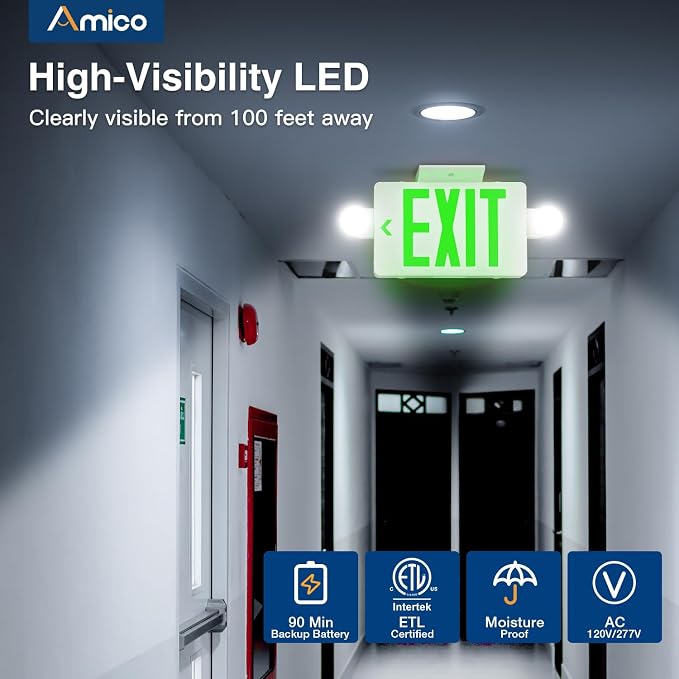 Amico 12 Pack Green Exit Sign with Multi-Angle LED Emergency Lights | ETL Listed, Wall & Ceiling Dual Mount, Hard Wired 120/277V AC, 90 Min Backup, 94V-0 Fire Resistant Plastic Housing