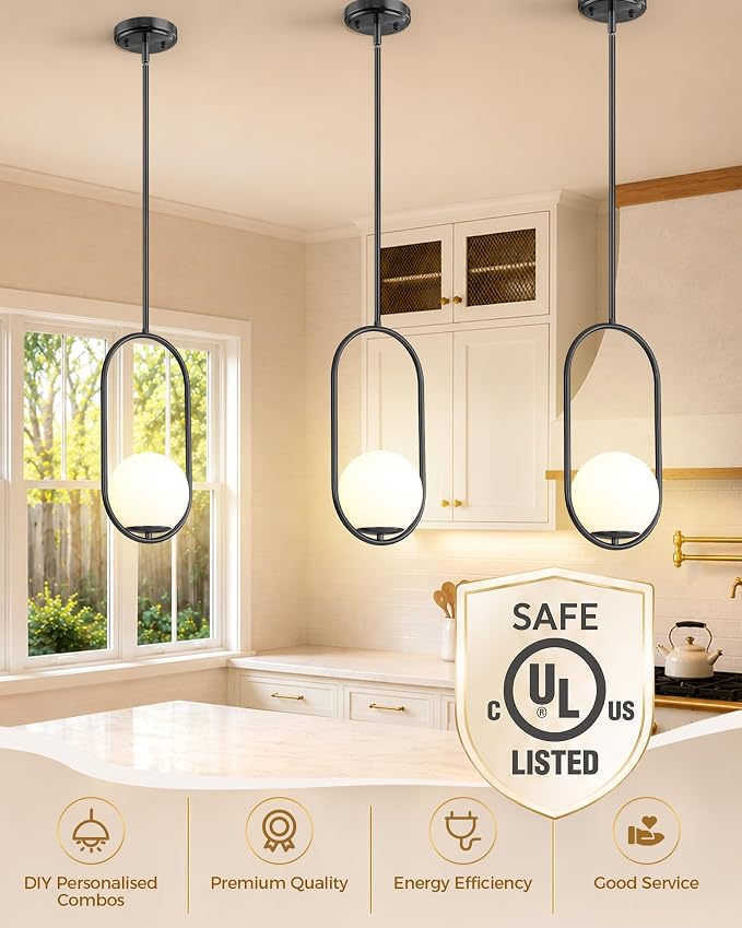 Majade Pendant Lights Kitchen Island, Mid Century Modern Pendant Light Fixtures, Black Globe Glass Pendant Lighting, Chandelier Adjustable Hanging Light for Dining Room Bathroom Bedroom