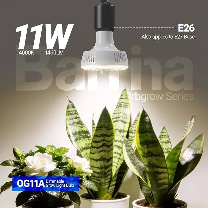 Barrina OG11A Grow Light Bulbs for Indoor Plant, 4000K 11W, 1 Pack, White | Integrated Dimming & Timing, E26 Plant Light Bulb, Full Spectrum, High PPFD for Seeds and Greens