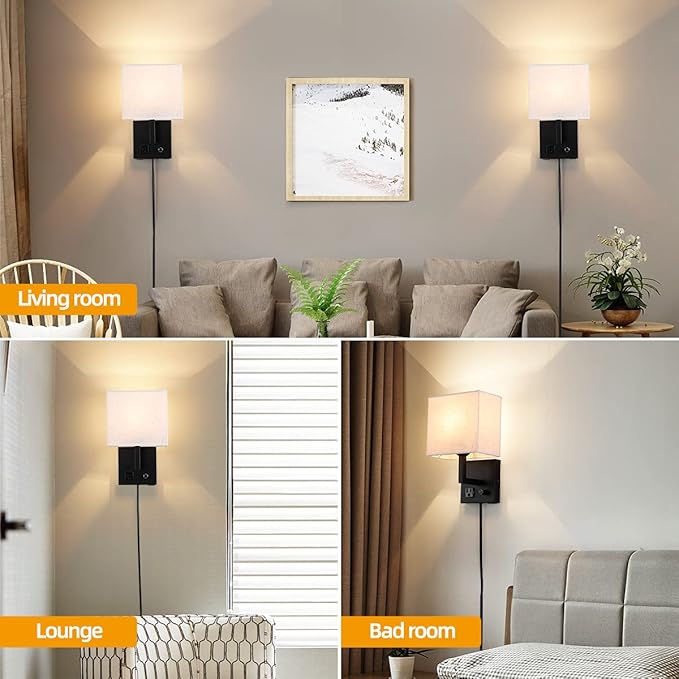 Plug in Wall Sconce, Bedside Wall lamp with Plug and dimmable Switch, with USB Charging Port and Socket, Suitable for Hotel, Corridor, Living Room and Bedroom Wall Light (Black)
