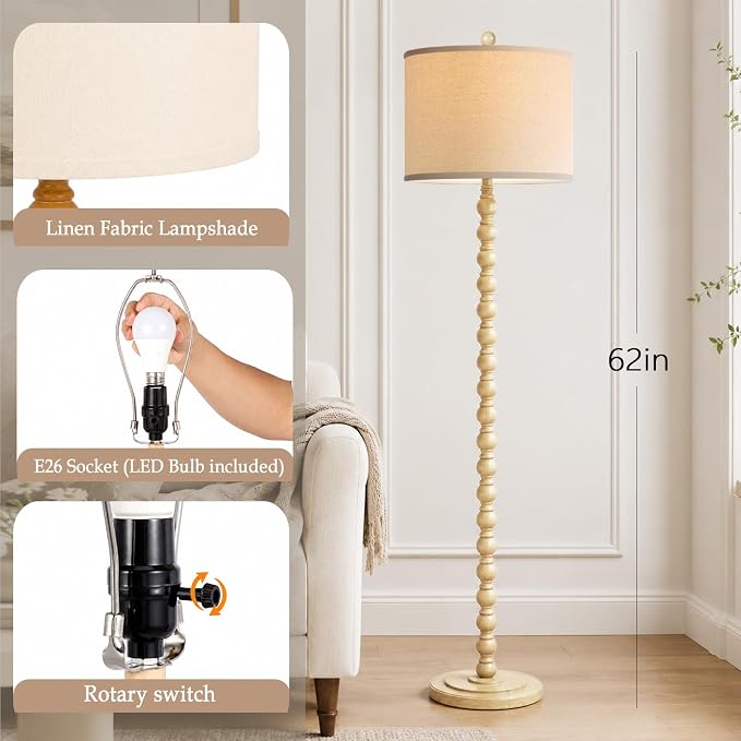 62" Farmhouse Floor Lamps for Living Room, Vintage Floor Lamp with Rotary Switch, 3-Color Adjustable Temperature Standing Lamp, Rustic Resin Tall Lamps for Living Room, Bedroom, Home Office, Corner