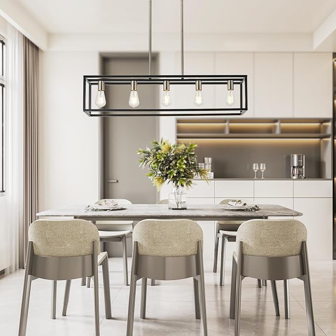 Black&Brushed Nickel Kitchen Island Lighting, Modern Linear Cage Retangular Chandelier, 5 Lights Industrial Metal Hanging Light Fixture for Farmhouse Kitchen Dining Room Bar Foyer