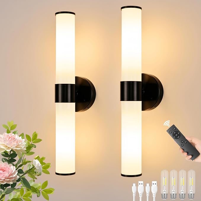 Morauroral Black Battery Operated Wall Sconces Set of 2, Rechargeable Wall Lights with Remote, 20 Inch Modern Cordless Wall Lamp for Bedroom, Living Room with White Shade (Bulbs Included)