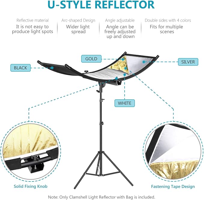 Neewer Clamshell Light Reflector Diffuser with Carrying Bag, 39”×18”/100x45cm Photography Curved Lighting Reflector for Photo Studio Photography, Black/White/Gold/Silver Colors (Stand Not Included)