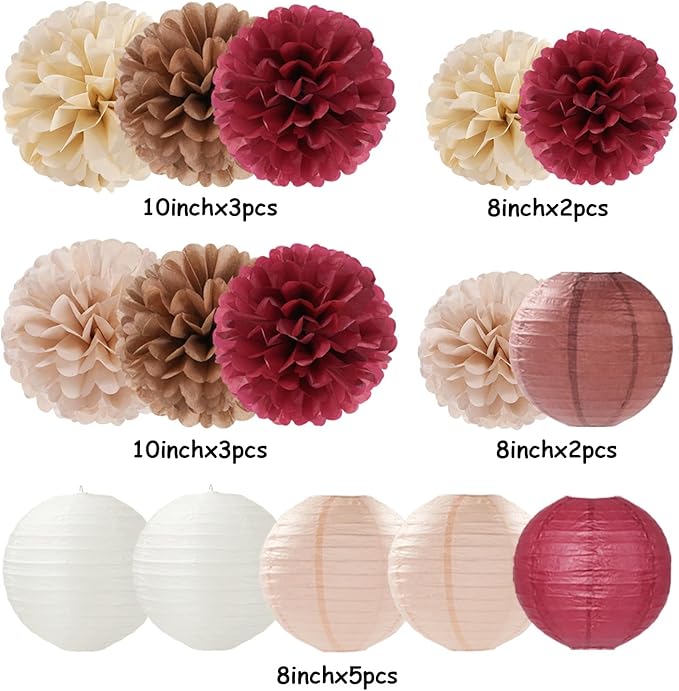 Burgundy-Brown Champagne Party-Decorations Paper-Flowers Lanterns - 15PCS Fall Boho Tissue Pom Poms Streamers,Autumn Rustic Baby Shower Neutral Wedding Birthday Decor Hugfond