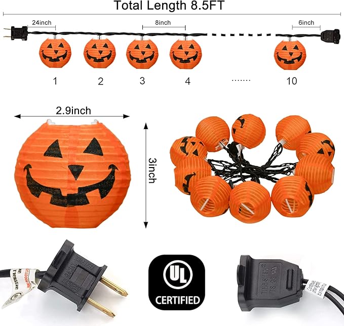 Abeja Halloween Pumpkin Lantern String Lights, 8.5Ft Jack O Lanterns Pumpkin String Lights with10 Orange Pumpkin Lanterns, Outdoor Holiday Lantern Lights for Halloween Party Patio Indoor Outdoor
