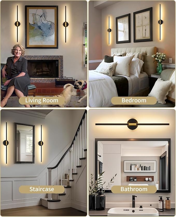 40" Battery Operated Wall Sconce Set of 2, 350° Rotating Lamp, Black Gold | Wireless, 8000mAh Rechargeable Battery, Stepless Dimming, 3000K-6000K, Remote & Touch Control, Timer, Living Room, Bedroom