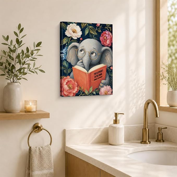 NSFBESSLIA Funny Reading Elephant Painting, Whimsical Vintage Animal Decor, The Elephant In The Room, Humorous Wall Art for Living Room Bedroom Entryway, 8x10 Inch