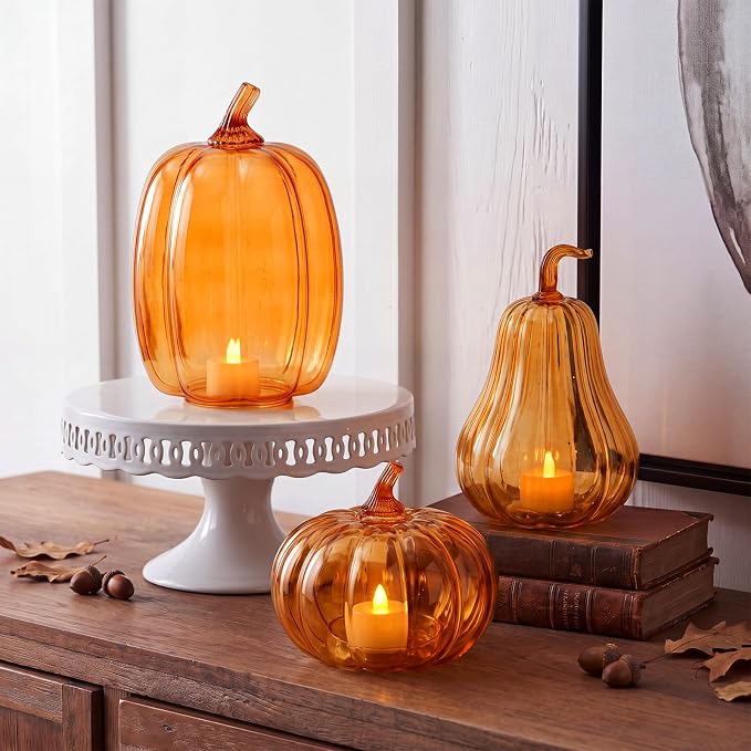 Yungyan Set of 3 Glass Pumpkin Lamp Shades Fall Decor,Orange | Pumpkin Candle Holder Rustic Thanksgiving Halloween Autumn Mantel Table Centerpiece Home Decoration, Lights Not Included