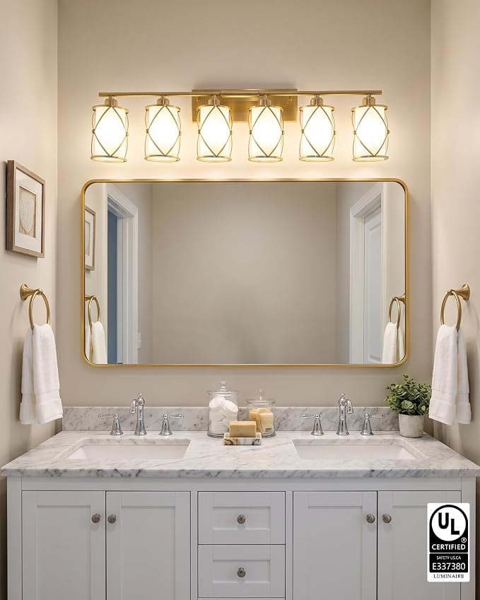 6-Light Brushed Gold Bathroom Light Fixtures Over Mirror, 42" UL-Listed Modern Wall Sconce Lights with Milk White Frosted Glass and Metal Cage for Bath, Hardwire E26, CH9176BGW-6W