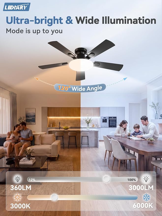 LEDIARY 42 Inch Flush Mount Ceiling Fans with Lights, Remote & APP Control | Bright Light, 3CCT, Dimmable, Memory Function, Timer, Reversible Blade, Quiet DC Motor, Damp-Rated, Bedroom, Covered Patio