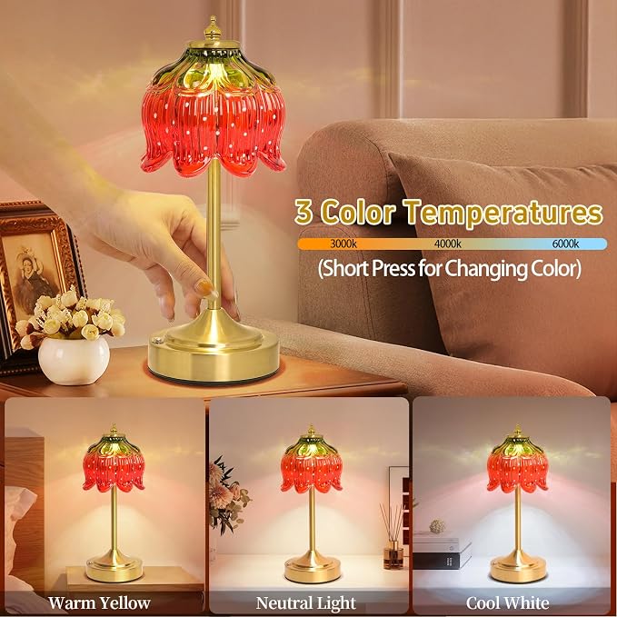 Cordless Table Lamp, Rechargeable Strawberry Glass Flower Lamp | 5200mAh touch lamp with 3 color modes and stepless dimming, battery operated lamp for nightstands and kitchen counters