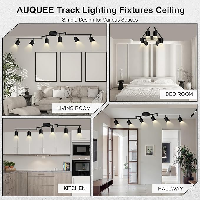 6 Light Track Lighting Fixtures Ceiling, Matte Black Kichen Track Lighting Fixtures with Rotatable Light Heads, Foldable Lamp Arms, Modern LED Track Lights for Kitchen/Hallway, No GU10 Bulb