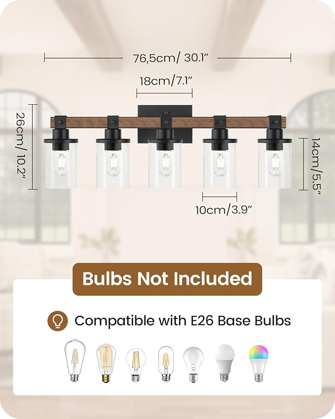 5-Light Bathroom Light Fixture, Farmhouse Vanity Lights for Bathroom with Glass Shade, Rustic Bathroom Light Fixtures, E26 Base F10BD05W1