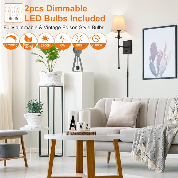 Dimmable Wall Sconces Set of Two, Plug in Wall Sconces White Fabric Shade, Wall Lamp for Bedroom, Living Room, Plug in Wall Light Sconces Wall Decor Set of 2, LED Bulbs Included, Black