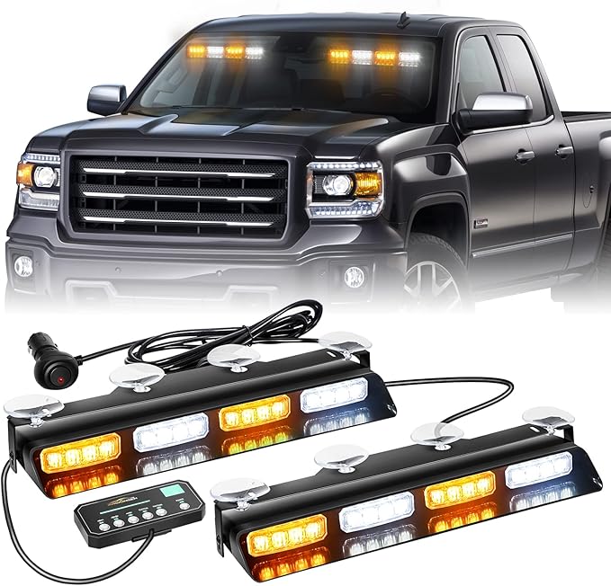 XRIDONSEN Emergency Dash Strobe Lights Safety Flashing Warning Hazard Interior Front/Rear Windshield Deck Split Light Bar w/Suction Cups for Construction Vehicles Trucks (2x14 inch, Amber White)